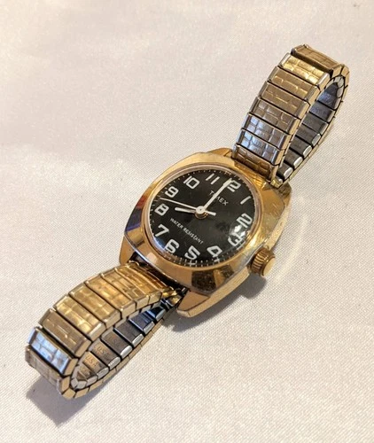 Vintage Timex Women's Watch Gold Tone Black Face Water Resistant Speidel Band