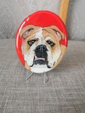 Handpainted Portrait Of A Bulldog On A Small Stone Disc Finished With Resin.