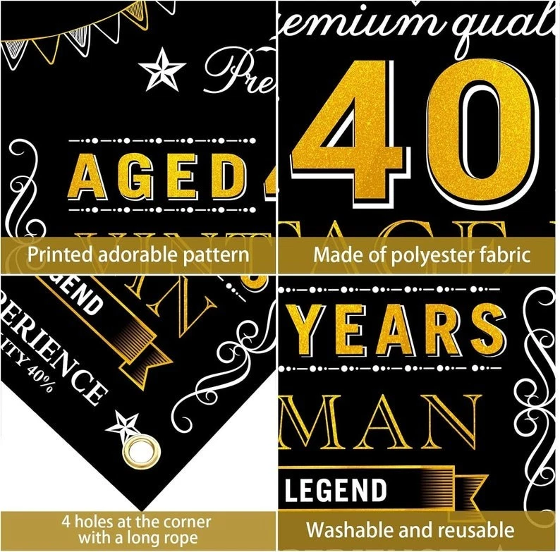 Decoraciones de pancarta de feliz 40 cumpleaños para hombre, oro negro vintage 40 🔥 Foto 2 de 4
