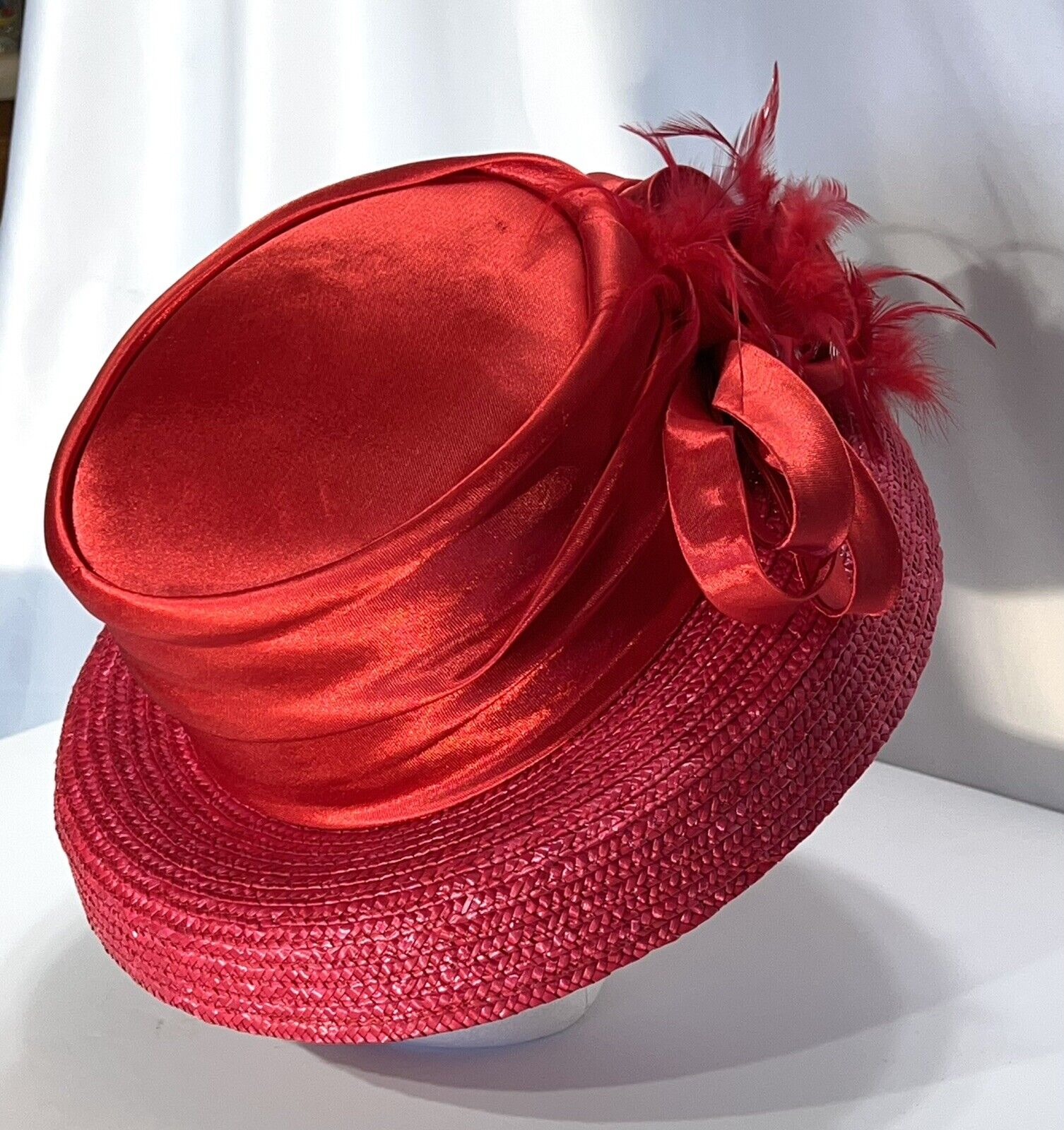 Vintage Red Ladies Church Hat Silk Reed Beautiful… - image 18