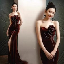 Gorgeous Elegant Off Shoulder Velvet Flowers Bodycon Fishtail Gown Party Dresses