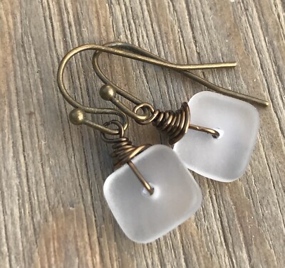 Min Favorit Frost White Sea Glass Square & Antique Brass Artisan Earrings Petite