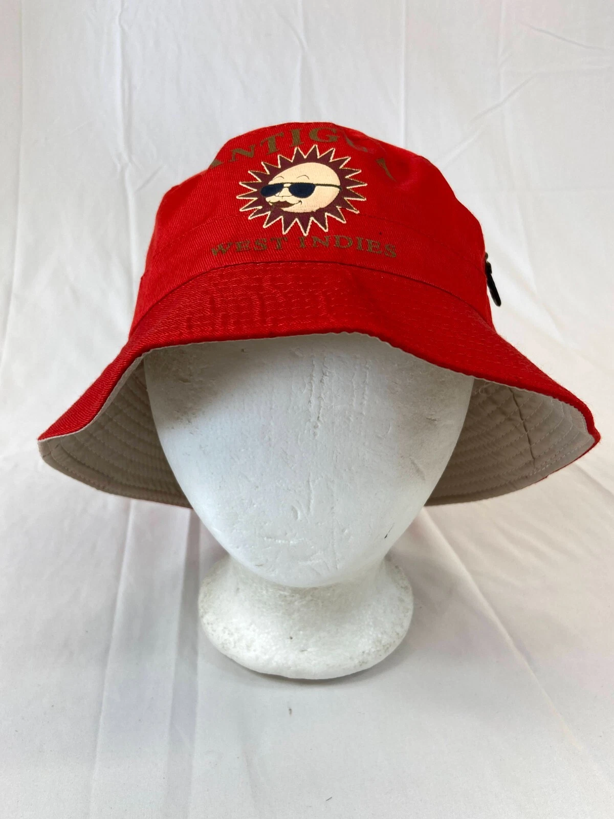 Antigua West Indies Red Bucket Hat Side Zipper Pocket Full Sun Shade Head Wear