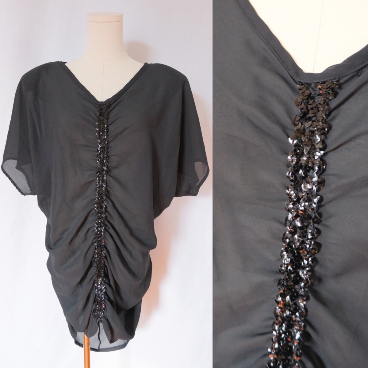 Vintage 70s Disco Draped Sequin Black Avant Garde Semi Sheer Mini Dress  Tunic SM