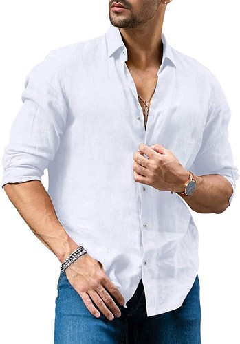 Mens Button Up Shirts Long Sleeve Linen 