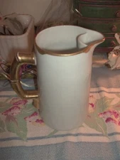 Porcelain Pitcher Bamboo Handle Gold Accents Ice Catcher Lemonade