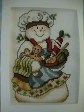 COMPLETED FINISHED CROSS STITCH CARD "HAPPY SNOWMAN”