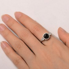 Black Onyx Round Gemstone 925 Sterling Silver Women Halo Ring Duty Free