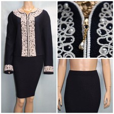 ST. JOHN Collection Navy Blue Jacket Skirt L 12 14 2pc Suit Embroidery Pearls