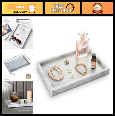 Large Marble Vanity Tray 12'' - Carrara White Stone Bathroom Organizer, Dresser &