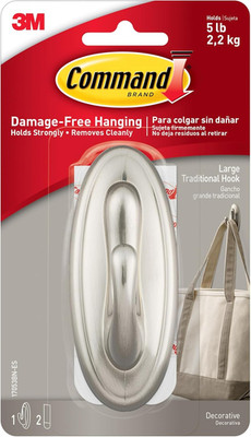 Command 5 lb Large Brushed Nickel Color Hook, 1 Hook and 2 Command Strips, Damag