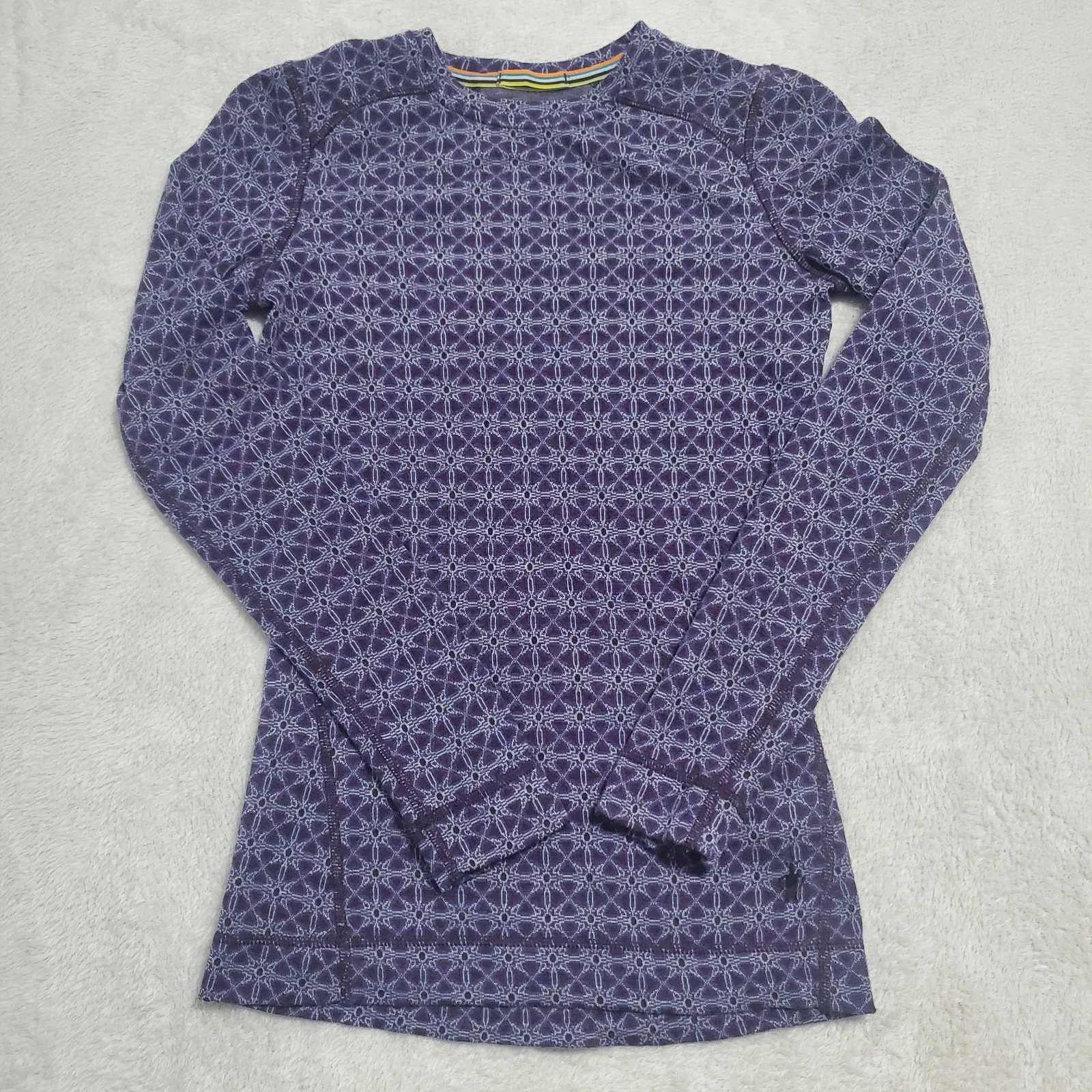 Smartwool Base Layer Top Women XS Purple Geo Print 100% Merino Wool Long Sleeve