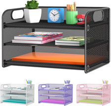 3 Tier Letter Tray Paper Organizer with Handle Mesh Desk File Rack