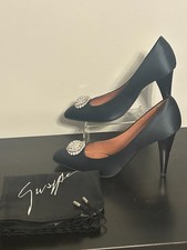 GIUSEPPE ZANOTTI Sz 39.5 US 9.5 Black Satin w/ Crystal Medallion Heels Shoes