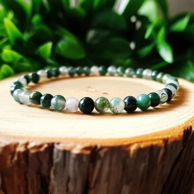 Natural Moss Agate Beaded Bracelet - 4mm Healing Crystal for Balance & Luck Gift