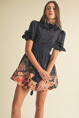 NWT EB Luxe 3D Floral Trim High Neck Short Sleeve Mini Dress Black Size M
