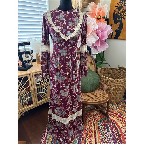 Vintage 70s California Pastime Floral Prairie Lace Boho Cottagecore Maxi Dress