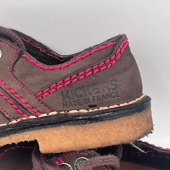Zapatos Kickers Niños Talla 28 Cuero Marrón Hechos en Francia Puntada Rosa Con Cordones Foto 4 de 4