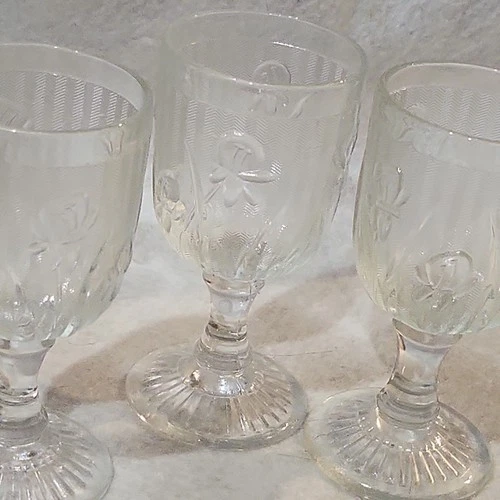 Set Of 3 Jeanette Iris & Herringbone Clear Glass Goblets Wine Water 4.25”