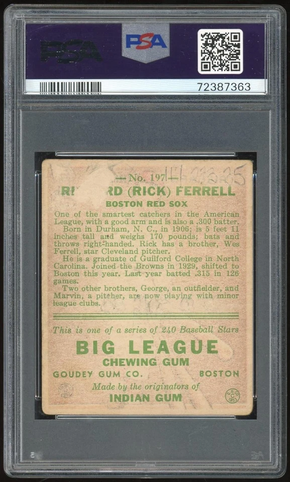 1933 Goudey #197 Rick Ferrell RC PSA AUTH Auto 10 *7363 - Image 2 of 2