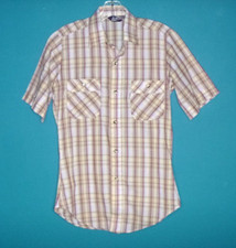 Vtg 70s Levis Mens Button Front Plaid Shirt Tan Maroon Sz S