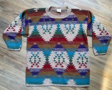 VINTAGE WOMENS NEEDLES & YARN AZTEC BOHO TRIBAL MULTICOLORED SWEATER MADE IN USA