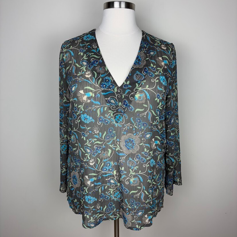 Susan Graver Tunic Blouse Semi-Sheer Size 1X Olive Green Floral V Neck Bohemian
