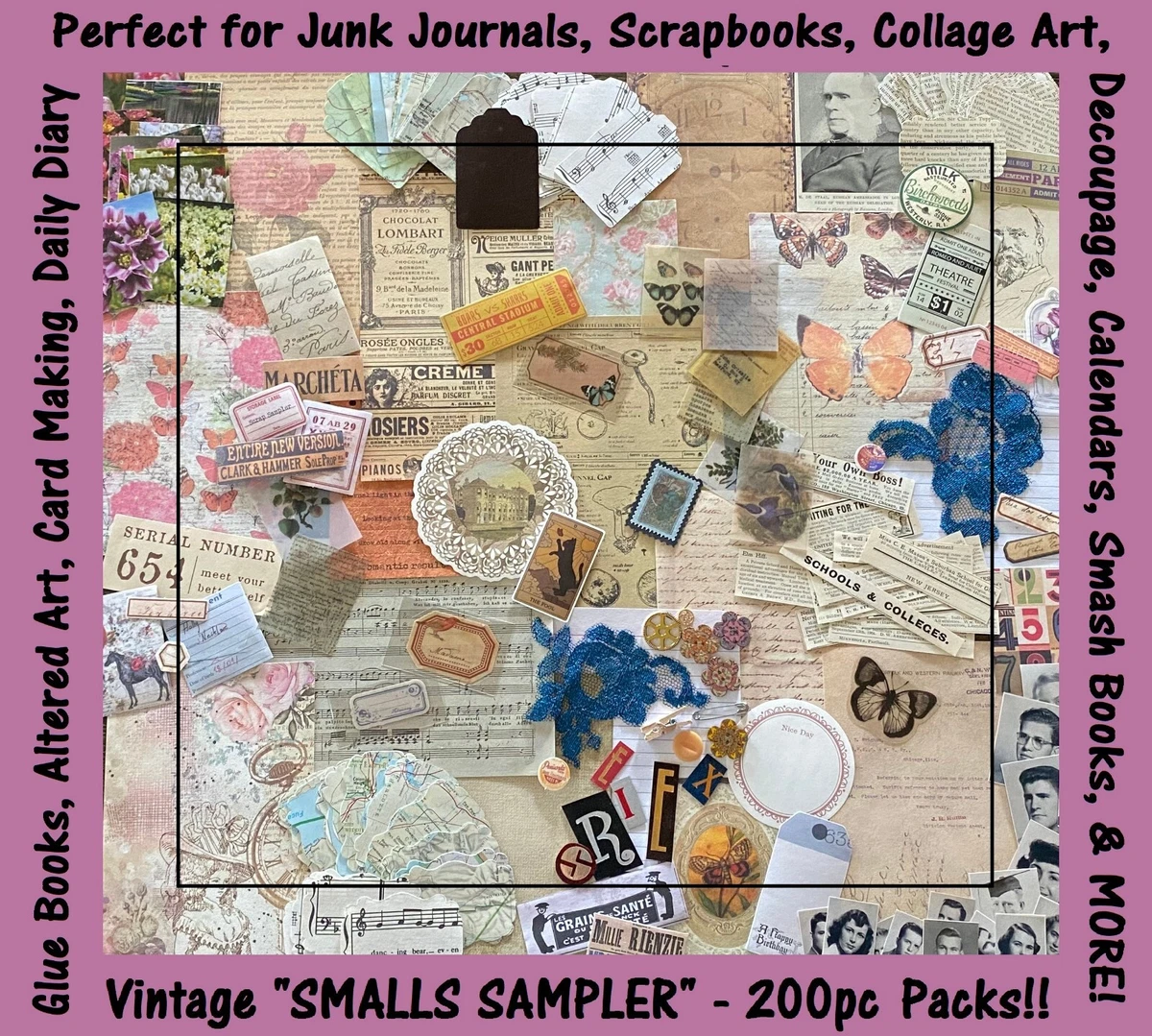 UNIQUE! 200pc Mixed Lot~Vtg Junk Journal Scrapbook Collage~Paper,Stickers, Tags++