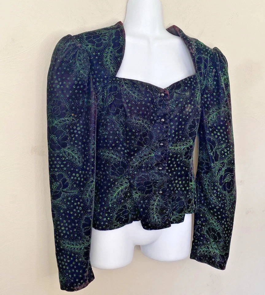 Top Gunne Sax Peplum Negro Verde Iridiscencia Floral Jessica McClintock Talla 9 De Colección Foto 3 de 4