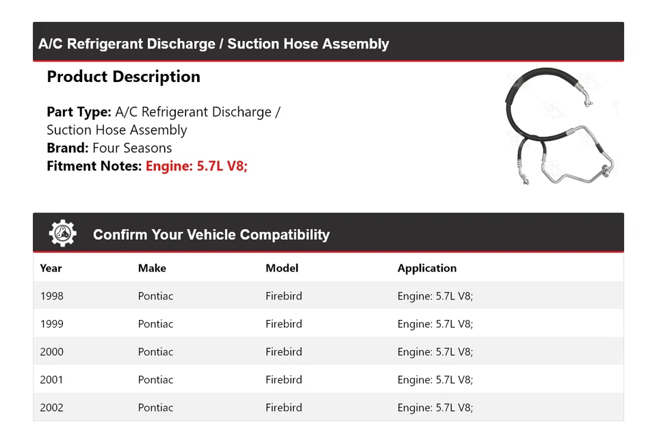 Conjunto de manguera de línea de succión de descarga Pontiac Firebird 1998-02 4 estaciones 19 Foto 2 de 4