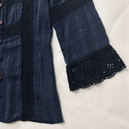 Vintage Free People Navy Blue Square neck Crochet Button Down bouse shirt boho - Picture 5 of 15