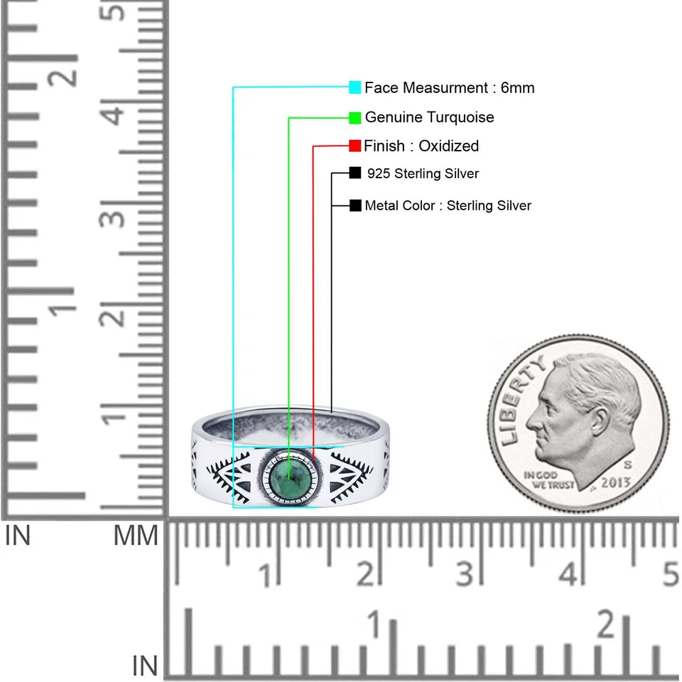 Round Turquoise Tribal Band Oxidized Ring 925 Sterling Silver 6mm - Image 4 of 4