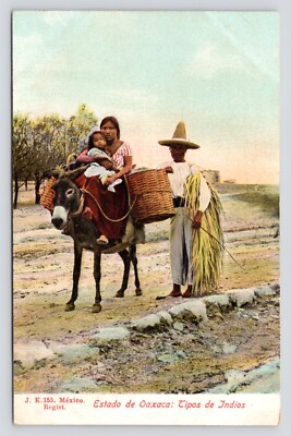 Oaxaca Mexico Tipos de Indios Mexican Mom w Child on Burro c1900 VTG Postcard