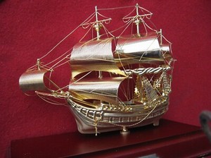 Gold Plated Model Sailing Ship De Prins Willem ,on a stand .Rare