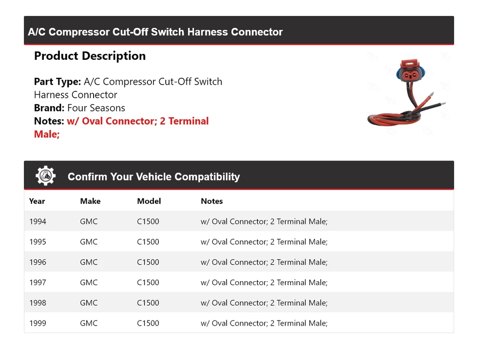 Conector de arnés interruptor de corte compresor de CA para GMC C1500 1994-1999 4 estaciones Foto 2 de 4