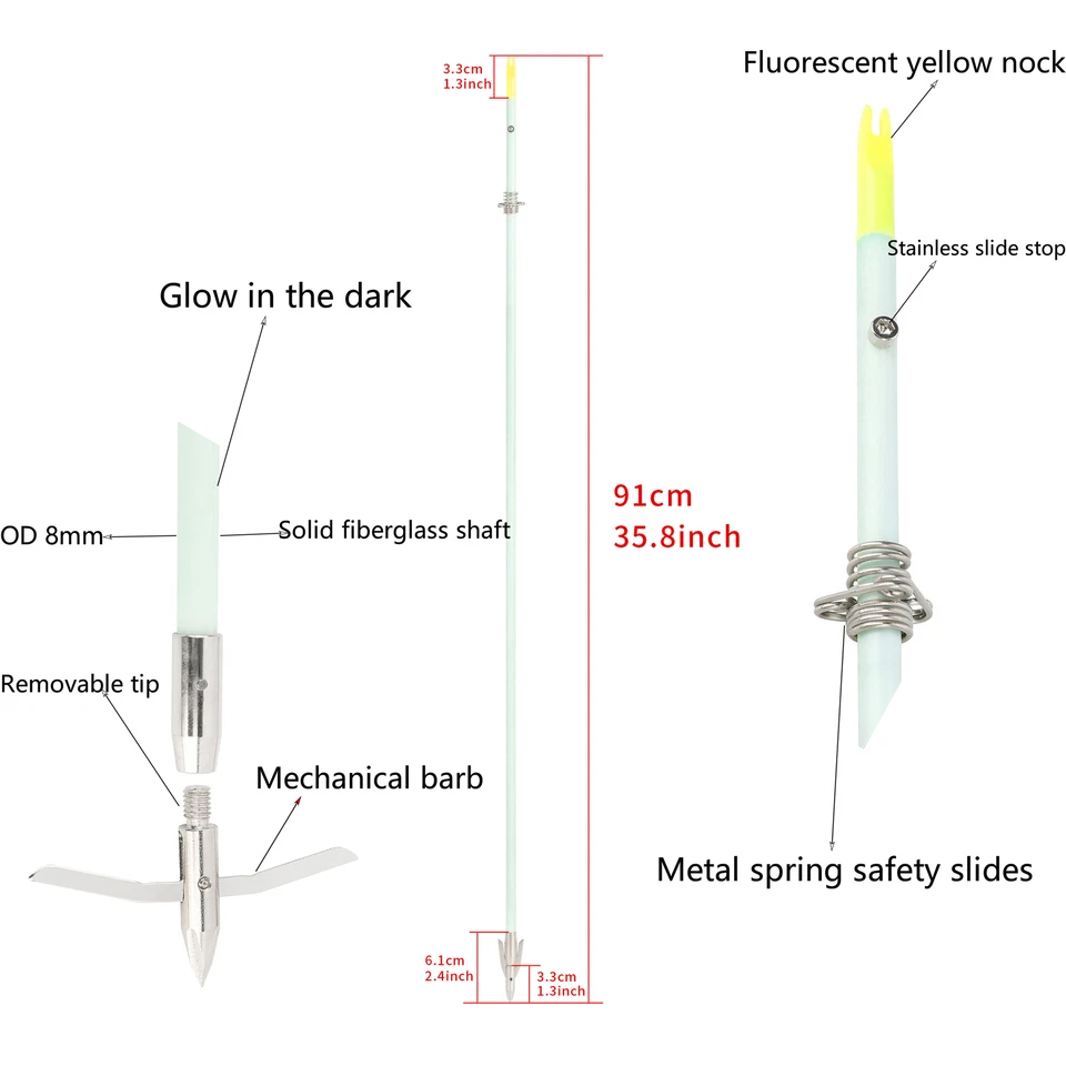 36" Bow Fishing Arrows Night Glow Broadheads Solid Fiberglass Archery Hunting - Image 2 of 4
