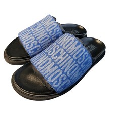 Mens 42 US 9 9.5 Sandals Moschino Denim Jacquard Blue Monogram Logo Slides All O