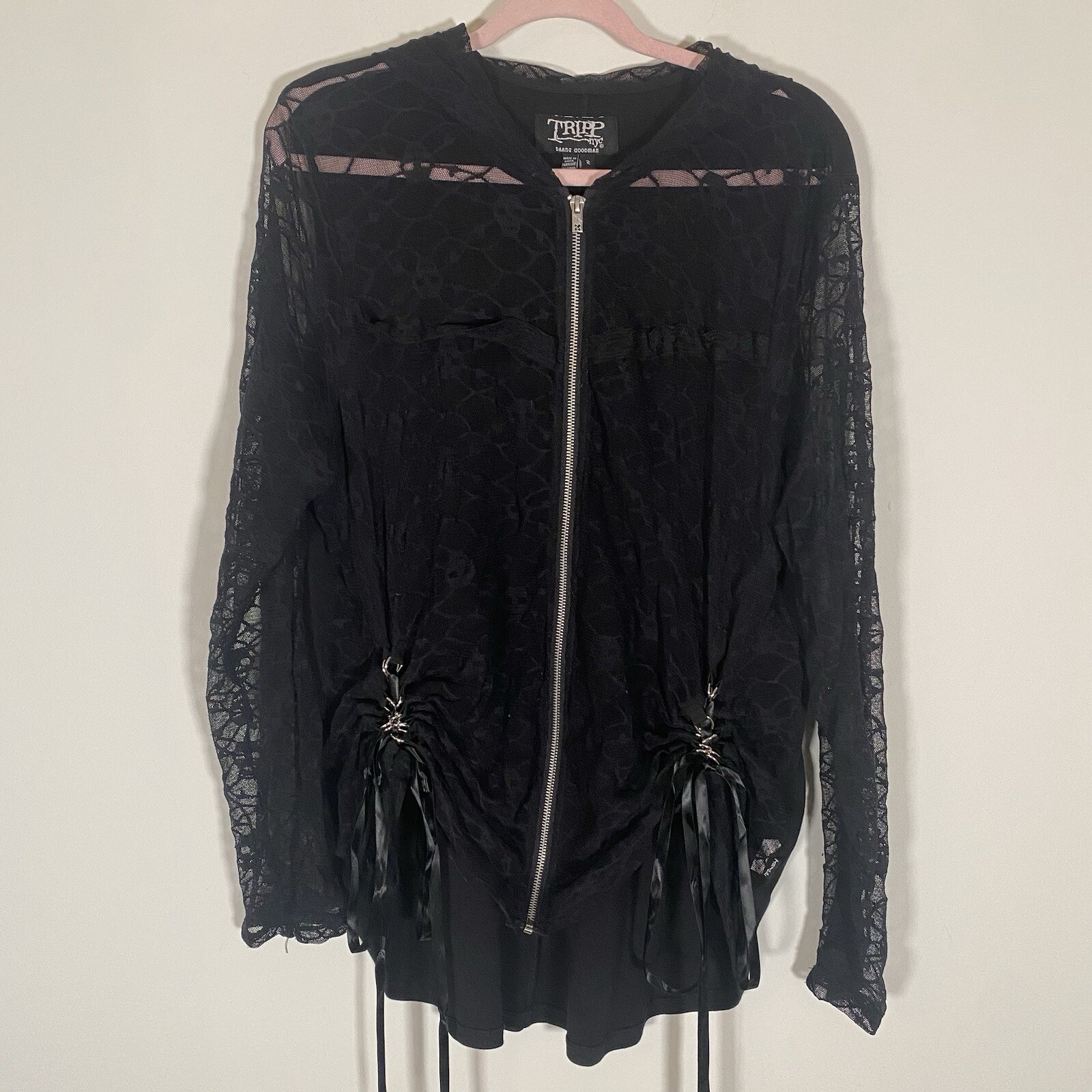 Tripp NYC Hoodie Sweatshirt Black Skull Print Lace Full Zip Goth Punk Y2K Alt