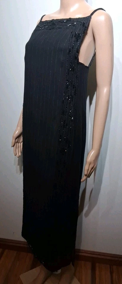 Vestido Max Mara Carbón Rayas Mezcla Lana Correa Espagueti Cuentas Midi EE. UU. 4 Foto 4 de 4