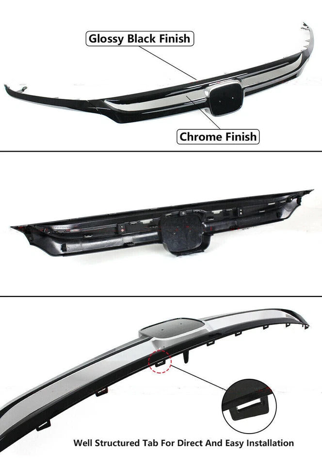 Fo Honda Accord 2018-2020 Glossy Black JDM Style Front Grille W/ Chrome Garnish - Image 2 of 4