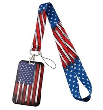 American Flag Patriotic Themed Keychain Lanyard with ID Holder