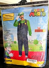 Luigi Adult Costume Super Mario Plush Belly Jumpsuit Gloves Hat Mustache MED