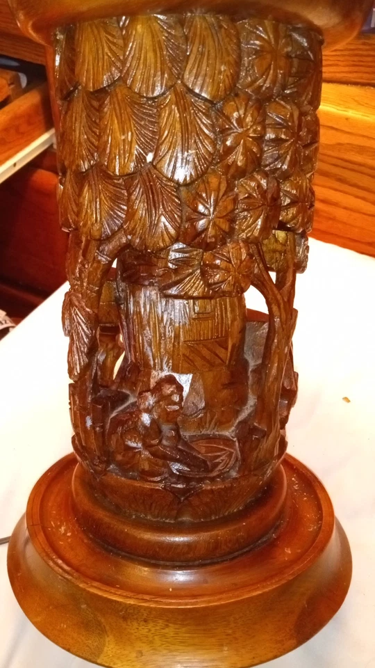 Vintage Hand Carved 3D Wood Lamp Mahagony/Teak Carved From One Piece Of Wood 25" - Image 3 of 4