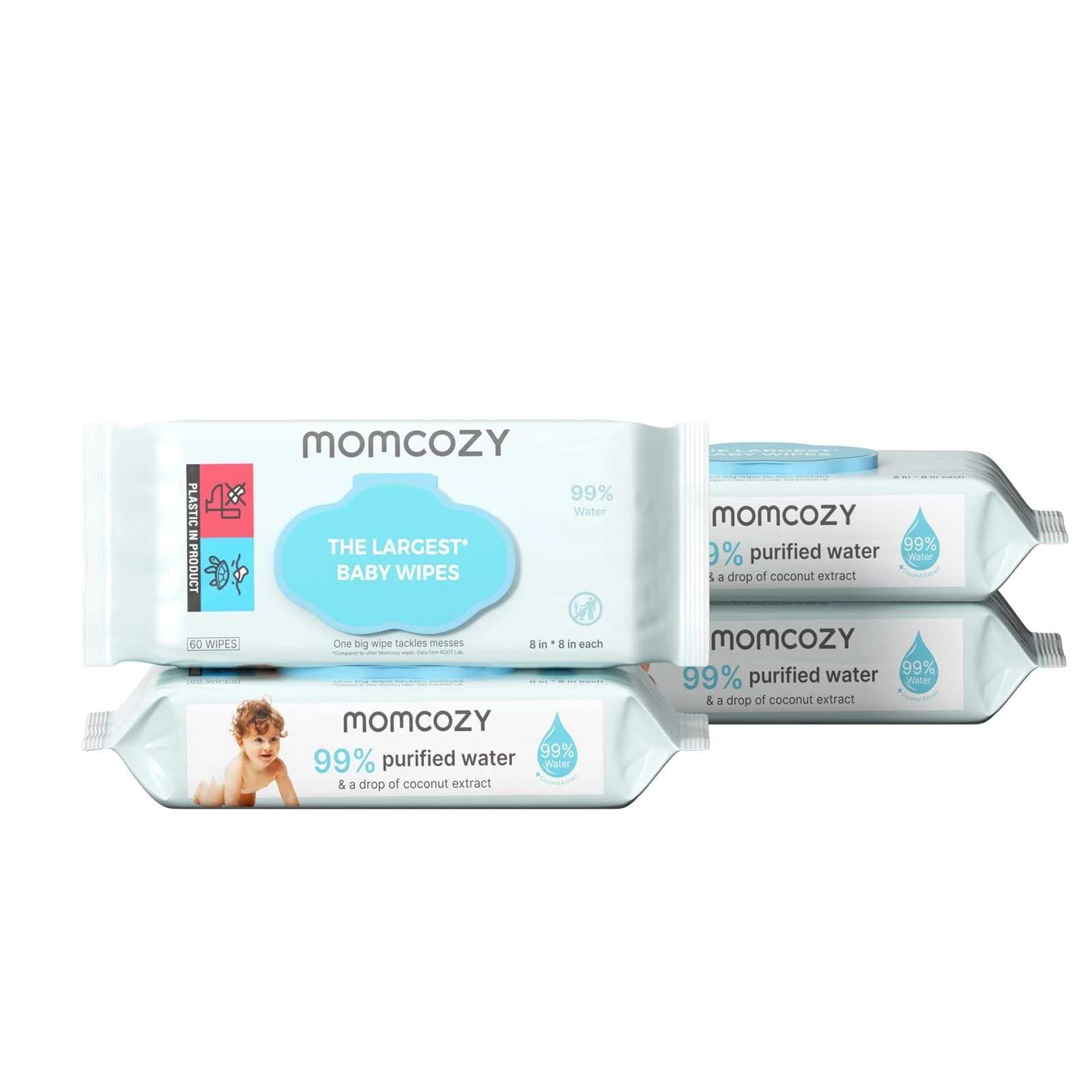 Momcozy Baby Wipes-Extra Large Size Design, 99% 60 Count (Pack of 4), Blue