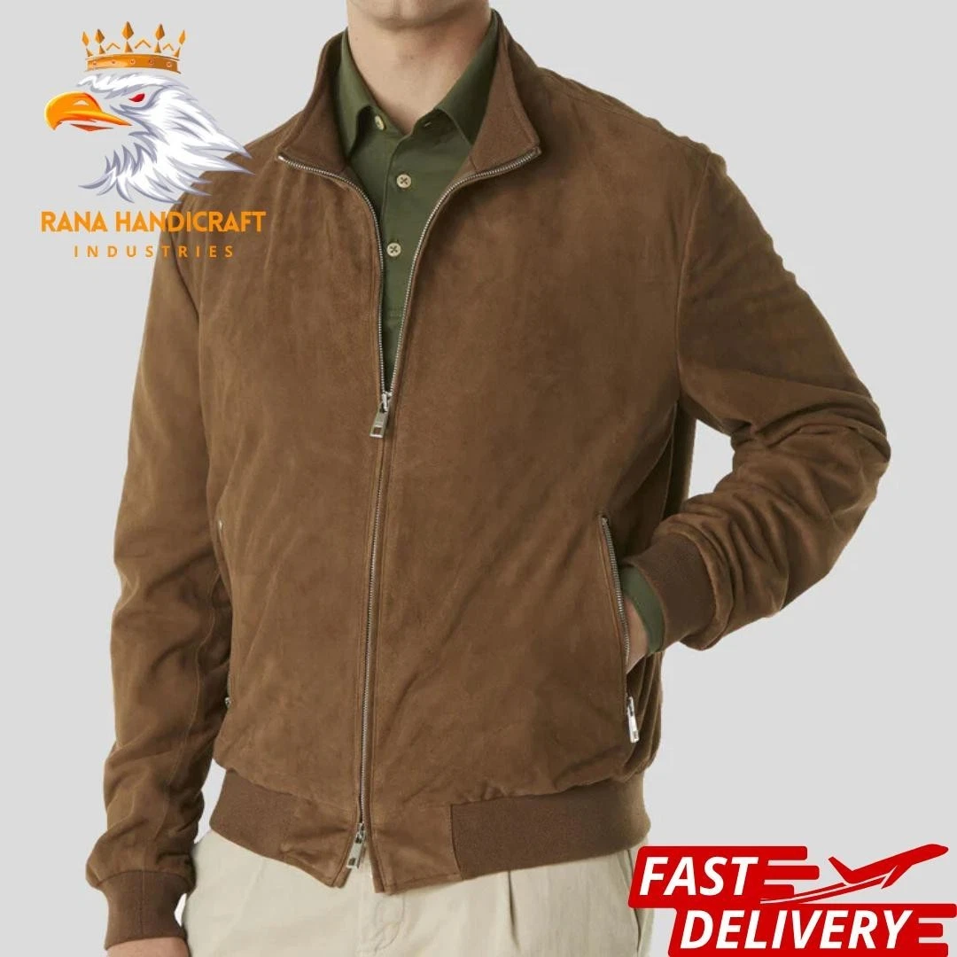 MEN FASHIONABLE DARK BROWN SUEDE LEATHER BOMBER JACKET CLASSIC DESIGN