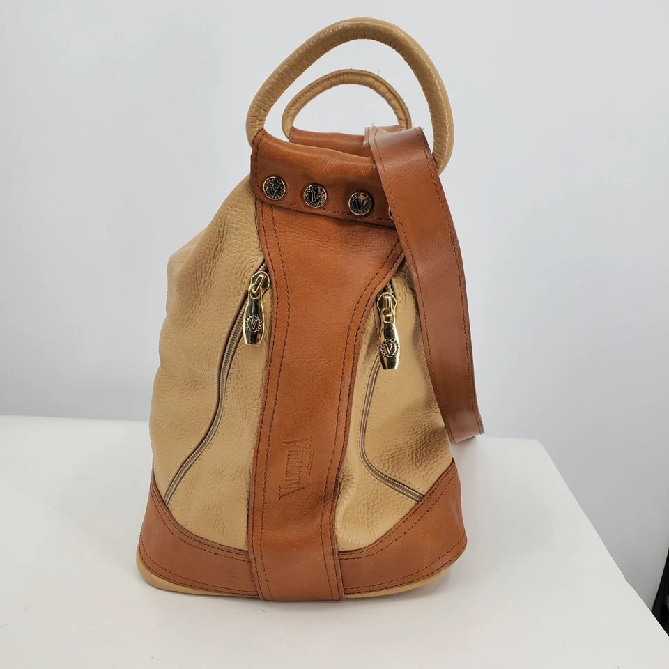 Bolso de Hombro Valentina Cuero Cubo Mochila Beige Marrón Hecho en Italia Cartera Foto 3 de 4