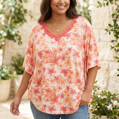 VTG White Stag Y2K Floral Top 30 32 Coral Pink Crochet Tropical Tee 90s Coastal