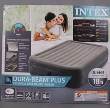 Intex Dura Beam Essential Rest Blow Up - Queen Mattress Air Bed w/ Built In Pump