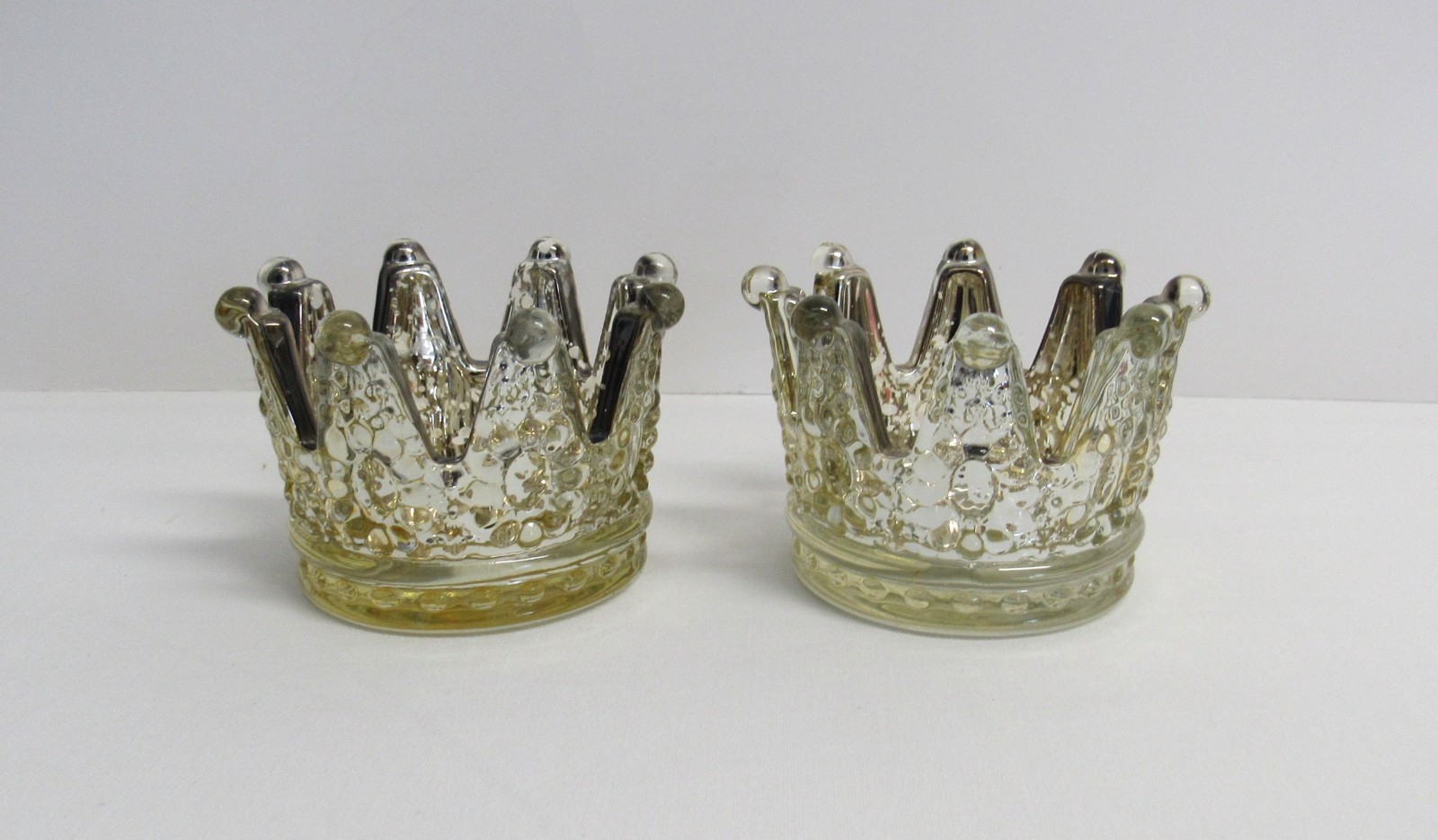 Pair of Mercury Glass Tea Light Votive Candle Holders - King, Queen Crowns - EUC