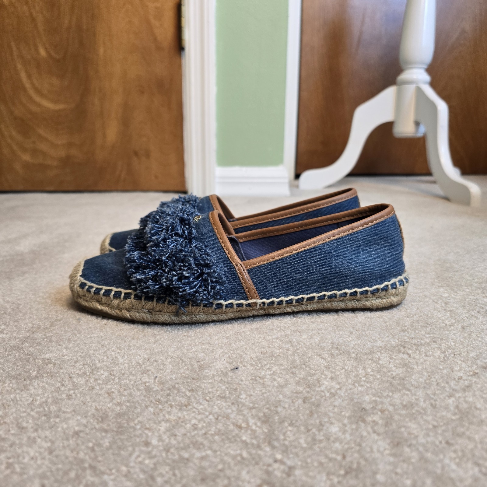 Tory Burch Navy Blue Denim Shaw Fringe Espadrille Flats Size 7.5 thumbnail 4